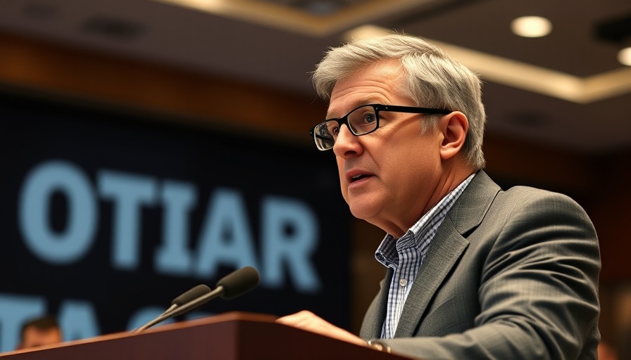 Man speaking at a podium during a conference on trade tariffs.