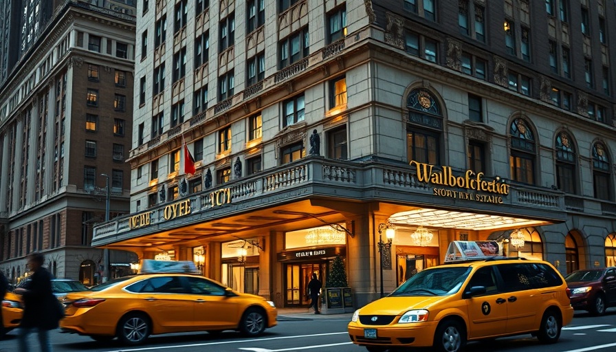Waldorf Astoria facade with yellow taxi in New York City.