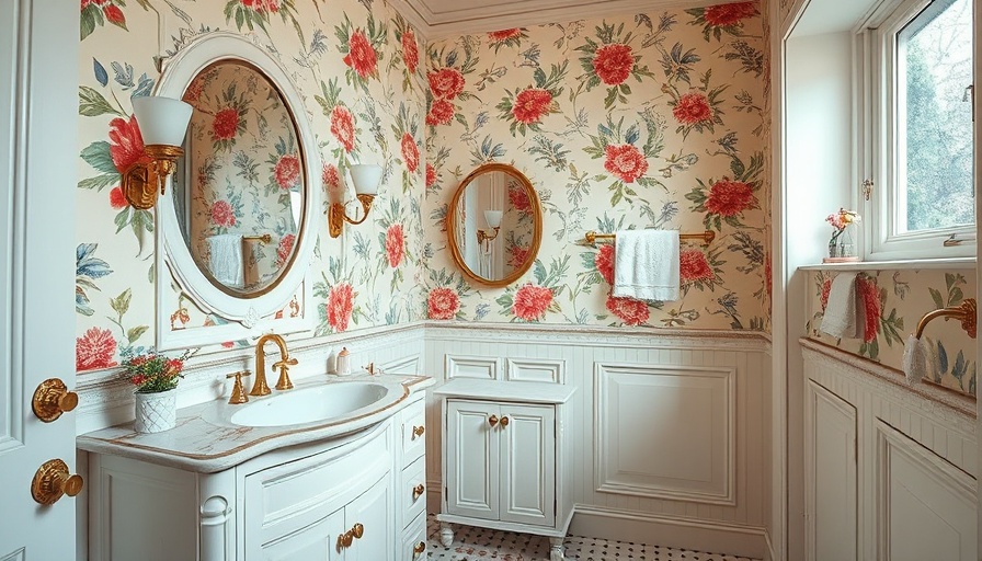 Chic vintage bathroom makeover with floral wallpaper and brass fixtures.