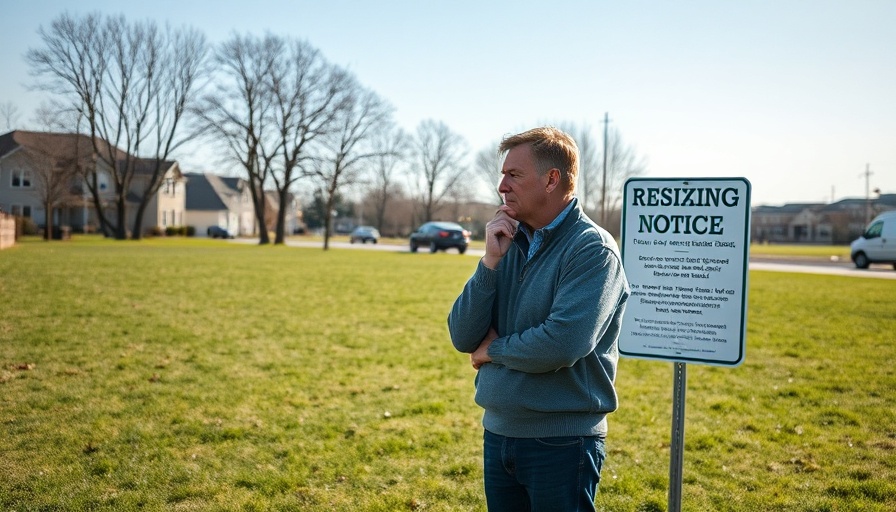 Middle-aged man stands near rezoning sign in suburban field for affordable housing.