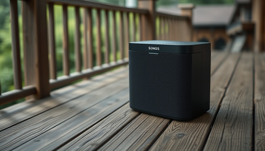 Sleek black Sonos speaker on a wooden deck, Sonos Sale