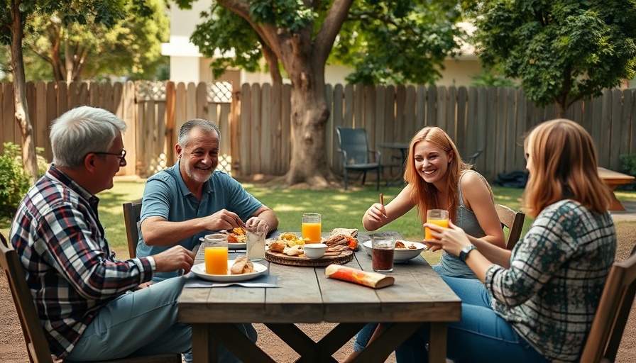 Casual group enjoying communal living in a backyard setting.
