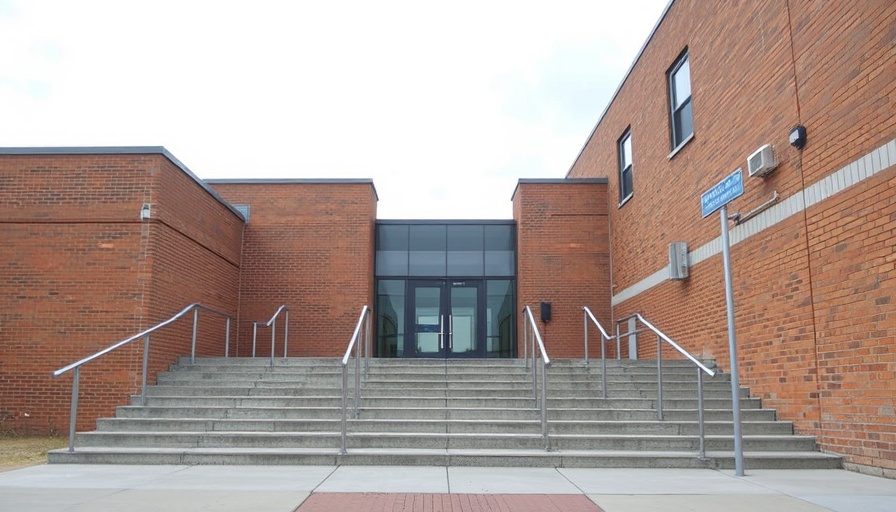 School entrance seen from stairs, related to PowerSchool Data Breach.