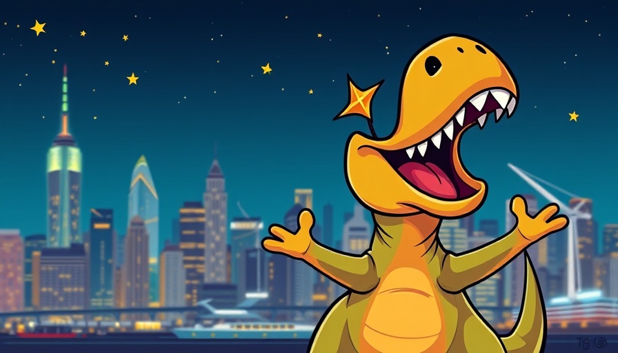 Compare Foods Anniversary celebration with fun dinosaur over city skyline.