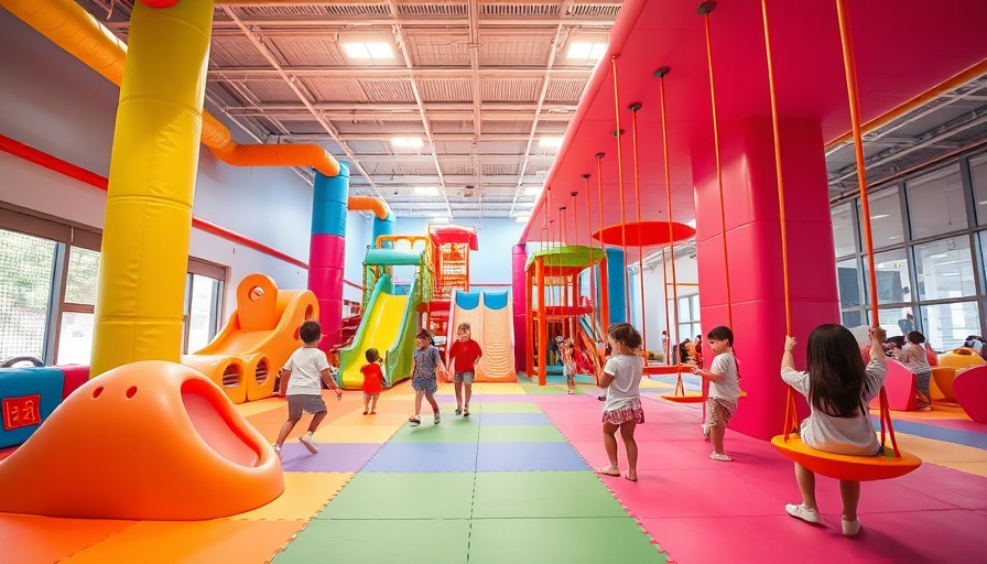 Modern indoor playground with colorful play structures and swings.
