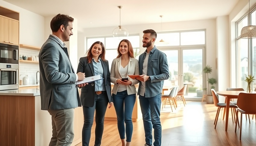 Real estate agent making first impressions in modern kitchen tour.