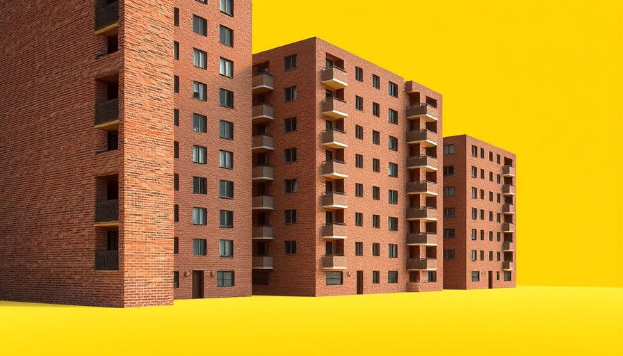 Surreal brick apartment building stacking in yellow background reflecting landlord transparency.