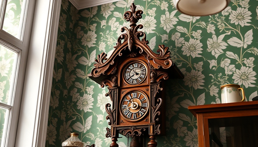 Vintage cuckoo clock on botanical wallpaper background.