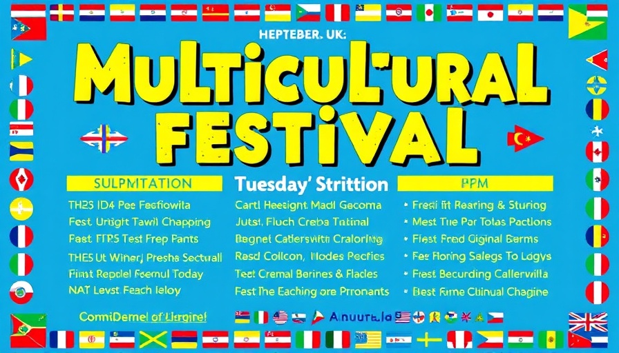 Colorful Multicultural Festival flyer with flags and event details.