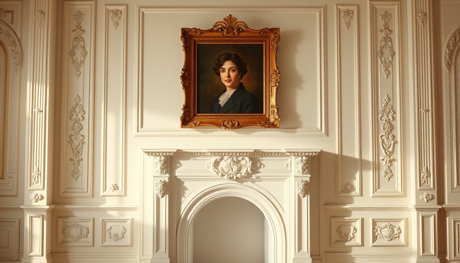 Elegant white fireplace with a classic portrait in a serene room.