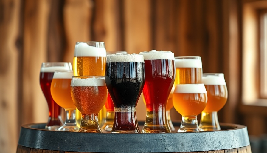 Assorted beers from Divine Barrel Brewing on a barrel.