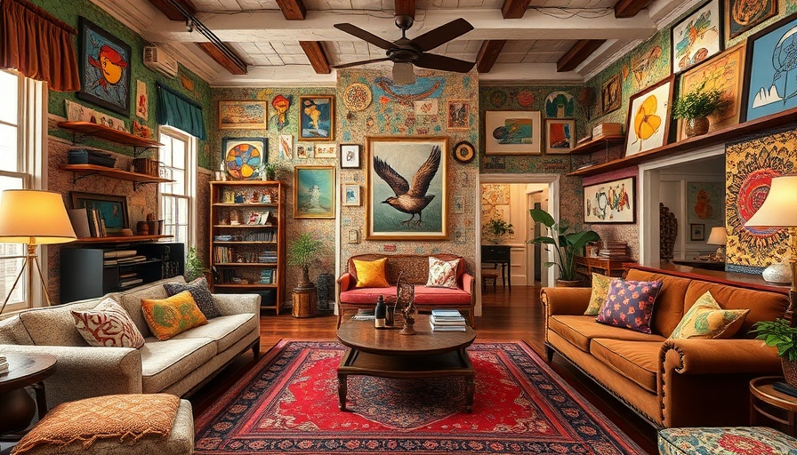 Artistic living room with vibrant murals and eclectic decor at Sutton Place.