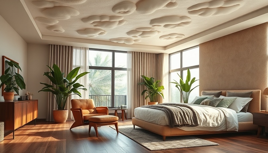 Cozy modern bedroom with cloud wallpaper ceiling, soft lighting.