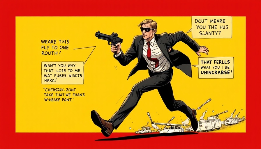 Illustrated man running in suit with gun and annotations, free advance screening of Novocaine poster.