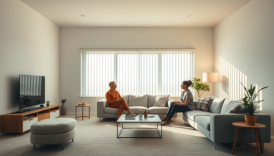 Minimalist post-divorce apartment living room with two people talking.