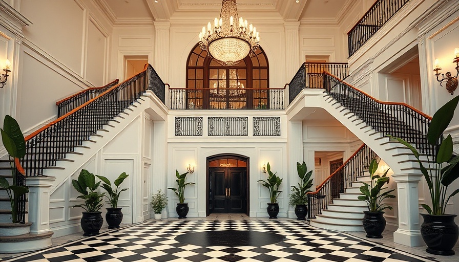 Luxurious mansion foyer featuring elegant staircases and chandelier.
