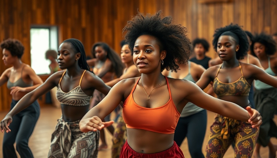 Energetic dance group at West African drum and dance workshops in a studio.