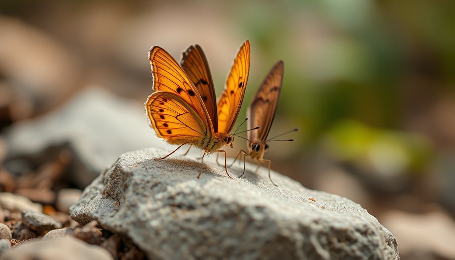 Pollinator Photography: Close-up of butterflies interacting on a stone.