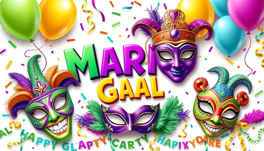 Vibrant Mardi Gras party promo with masks and decorations.