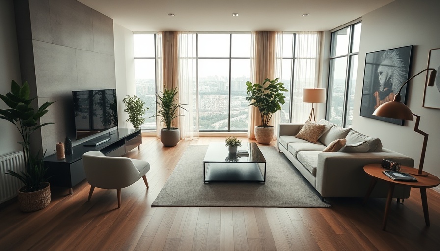 Stylish apartment living room with modern decor, warm lighting.