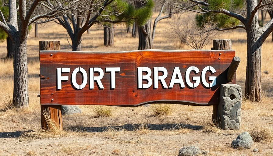Fort Bragg name reversal wooden sign in nature setting.