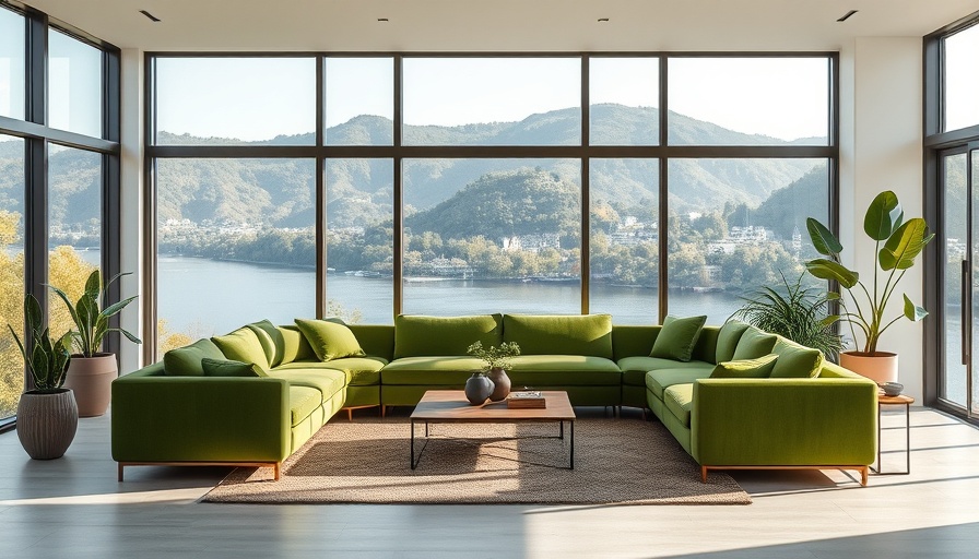 Modernist home living room with green sofas and large window view