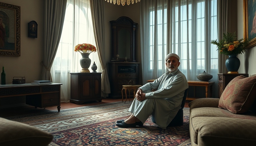 Traditional Middle Eastern living room with an older man and ornate decor.