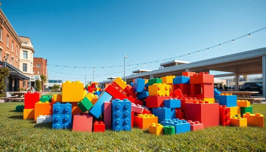 Colorful giant Legos in Charlotte outdoors with urban backdrop.
