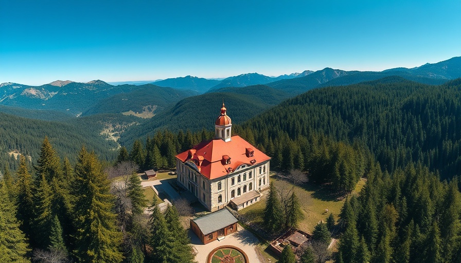 Aerial view of YMCA Blue Ridge Assembly building amidst mountains.