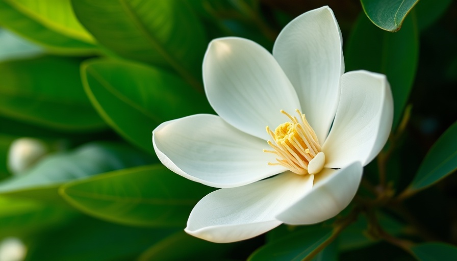 Close-up of a magnolia tree flower amid green leaves