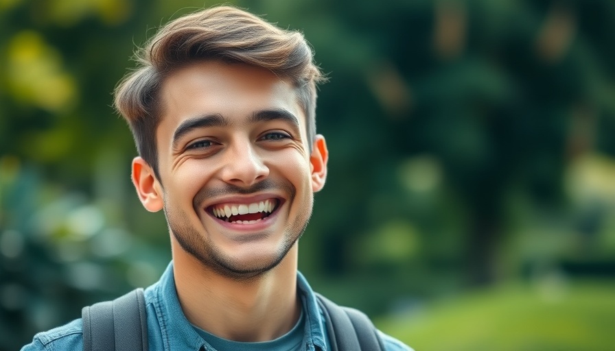 Young man outdoors, smiling in a striped shirt.