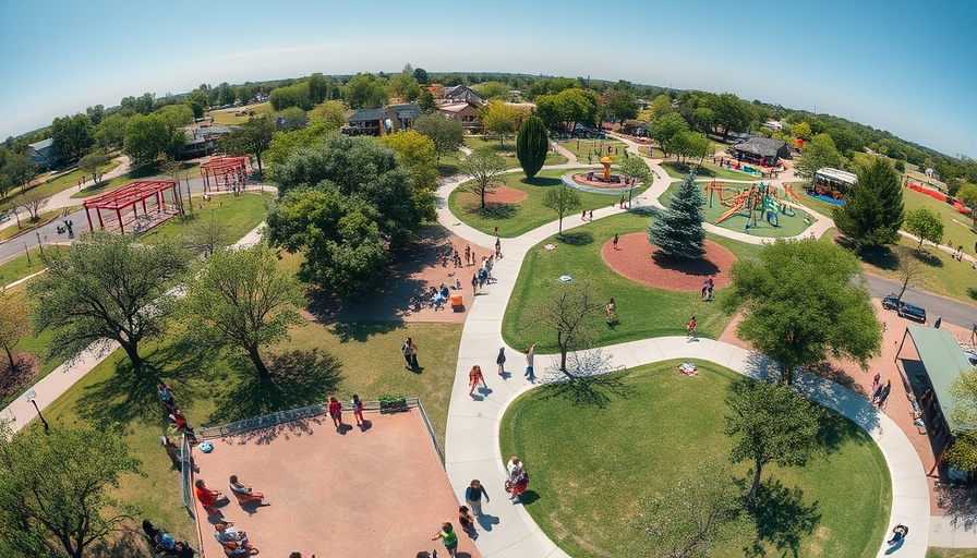 Community park showcasing self-sufficiency in landscaping from an aerial view.