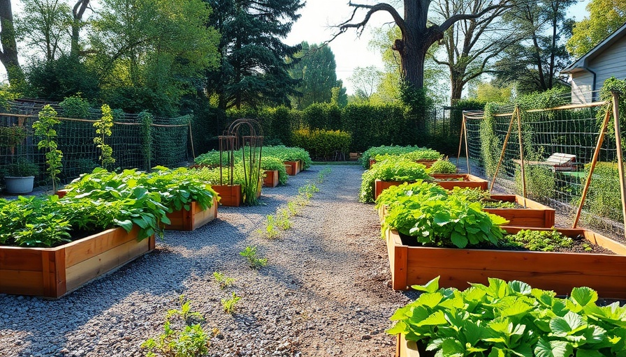 Front yard vegetable gardening with raised beds and gravel path