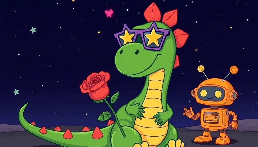 Playful cartoon dinosaur and robot enjoying whimsical night.