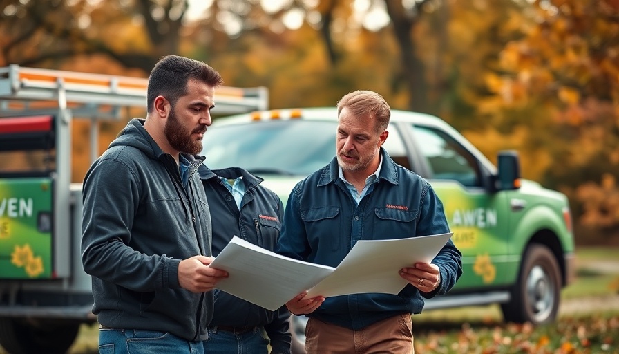Canopy Lawn Care staff using tablet beside branded truck