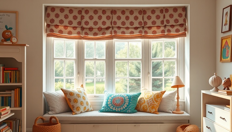 Patterned Roman shades in colorful kids room with cozy decor
