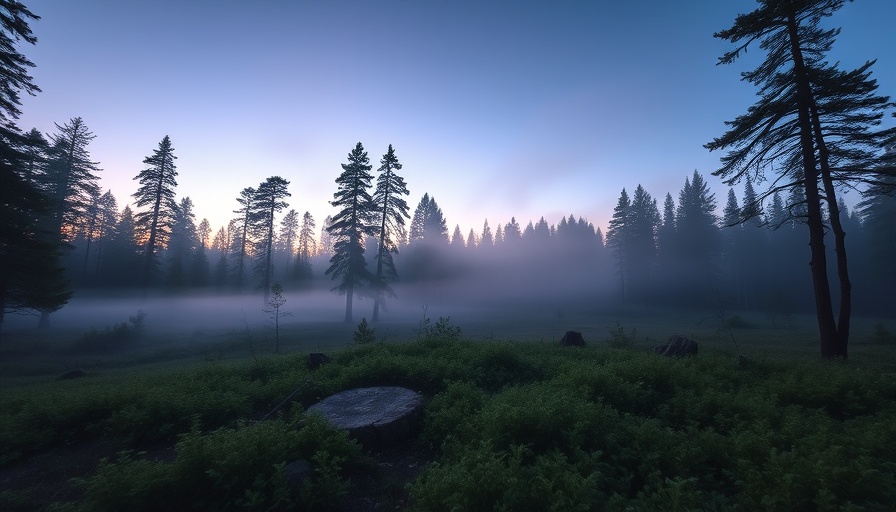 Serene forest clearing at dusk with mist and tall pines silhouette.