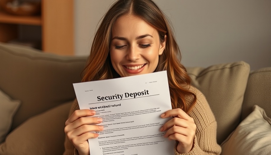 Woman holding security deposit refund document on a living room couch.