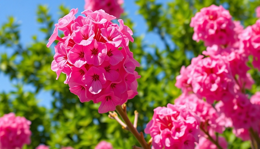 Vibrant pink crape myrtle flowers under bright blue sky