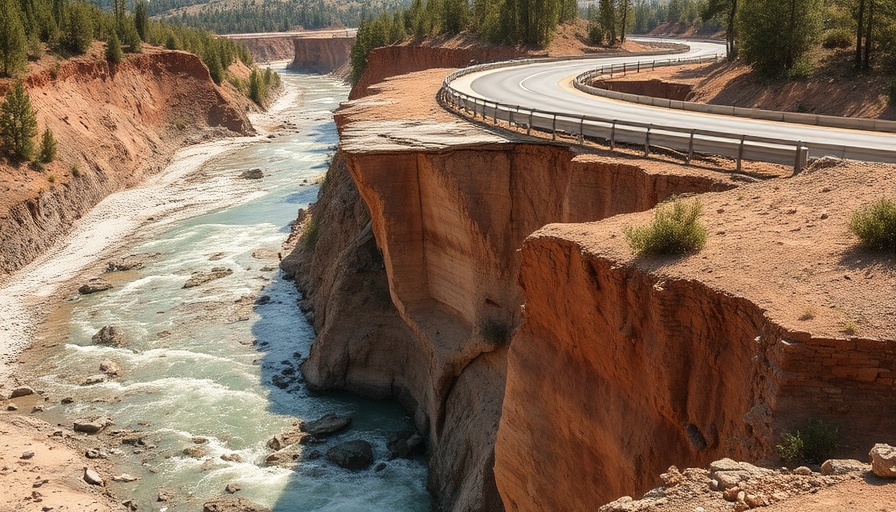 Eroded highway with steep drop after Hurricane Helene.