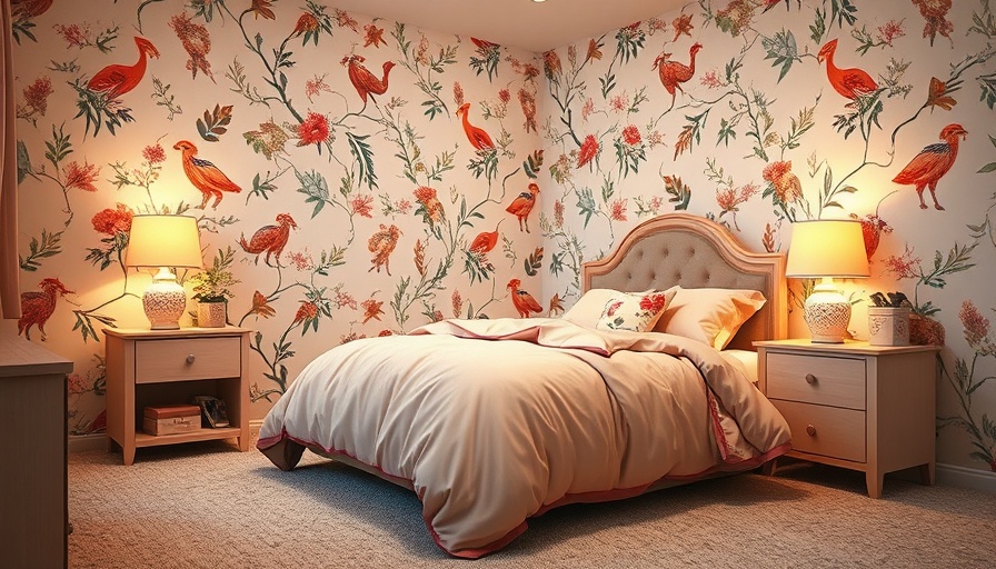 Charming teen bedroom with nature wallpaper and peach bedding.