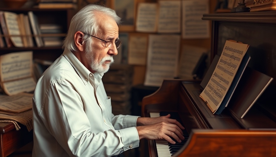 Elderly man playing piano with vintage music sheets, 60 years of The Sound of Music.