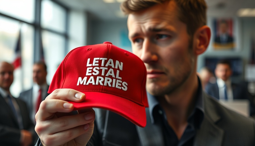 Man holds red slogan cap in office, linking to Congress's inaction on appropriations.