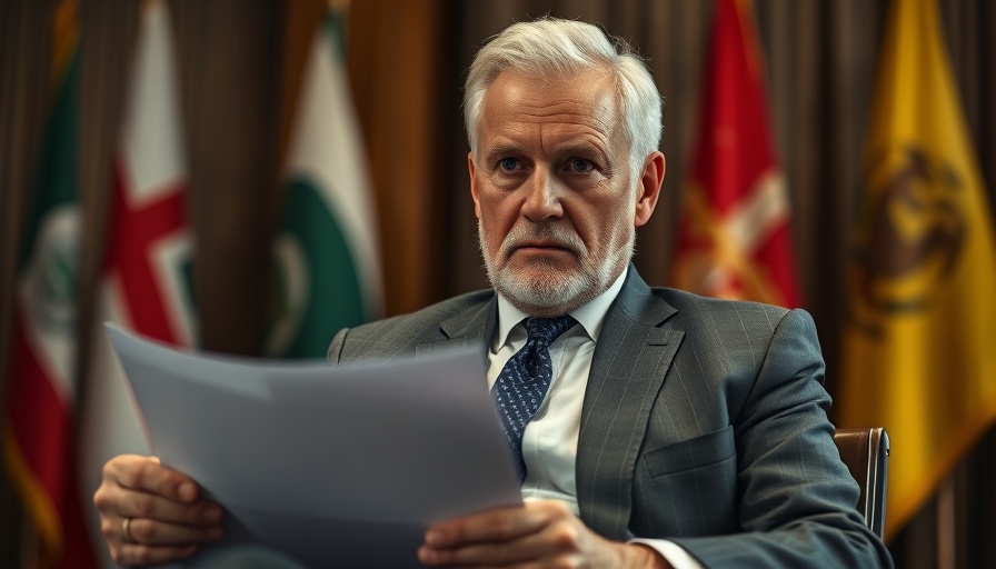 Serious older man holding document in official setting.