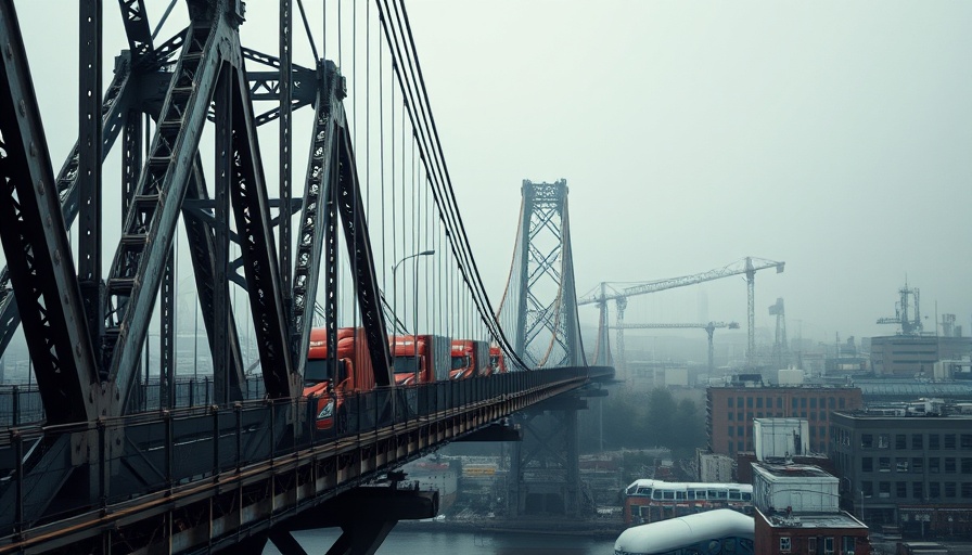 Trucks crossing a large suspension bridge, symbolizing trade with lower tariffs on Mexico and Canada.