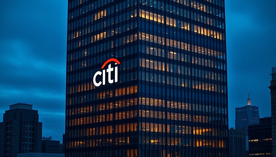 Citigroup skyscraper at dusk with glowing windows and logo.