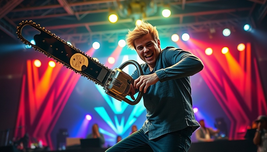 Dynamic scene with individual holding chainsaw, colorful stage background.