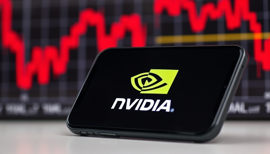 Nvidia logo on smartphone with red stock graph backdrop.