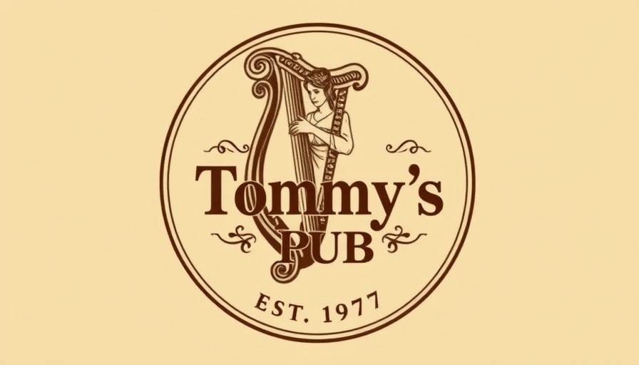 Tommy's Pub vintage emblem with harp design.