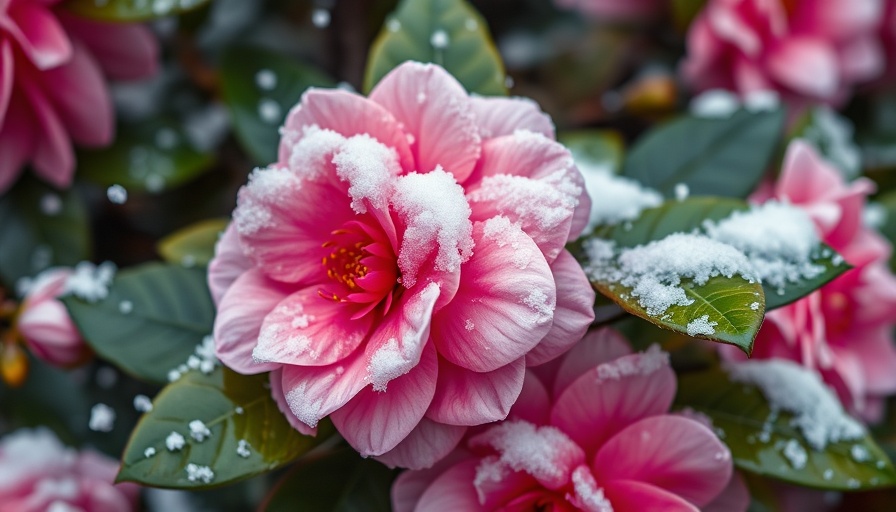 Snow-covered camellia flowers in a winter garden.